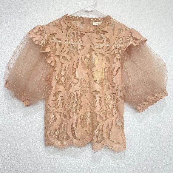 Peach Nude Floral Lace Puff Sleeve Blouse Mock Neck NWT Medium - Picture 2 of 7